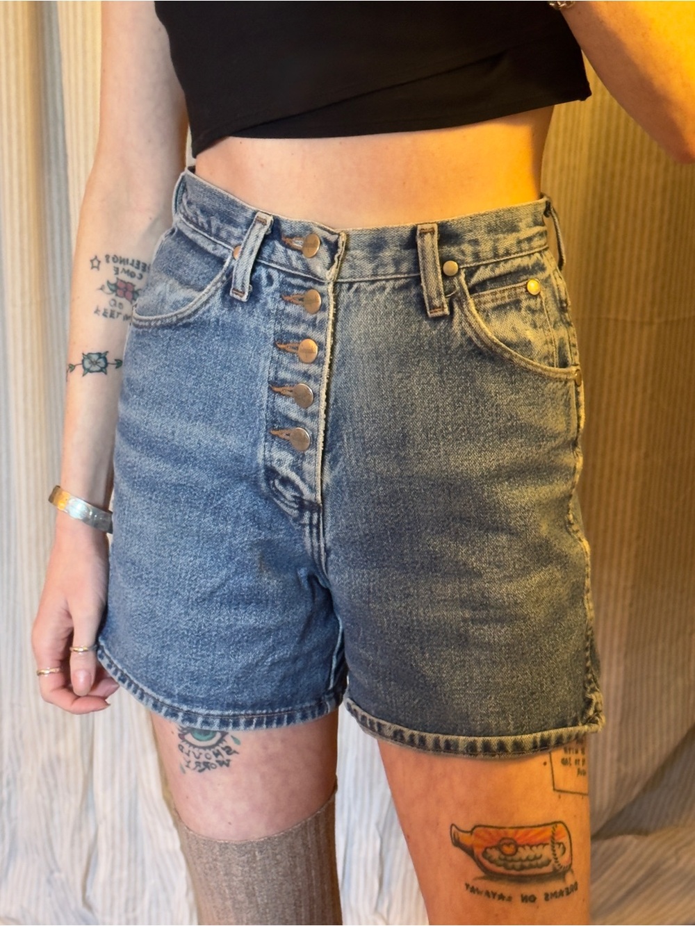 High-Rise Button-Front Denim Shorts - Blue